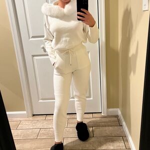 Real Fox Fur Collar Knit Set Winter Tracksuit Kit Hoodie Knit High Waist Pants